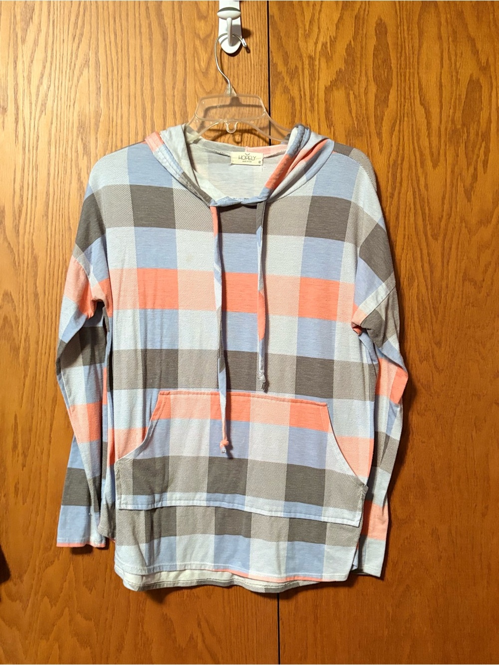 "Hopely Pastel Plaid Lightweight Knit Pullover Hoodie with Kangaroo Pocket"